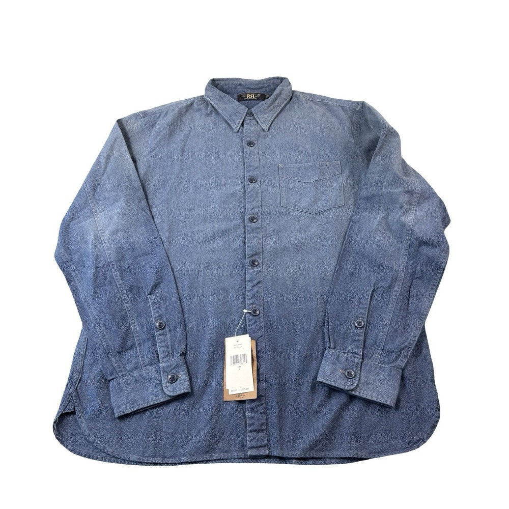 RRL Ralph Lauren Chambray Blue Utility Mens LS Button Front Shirt Large NWT